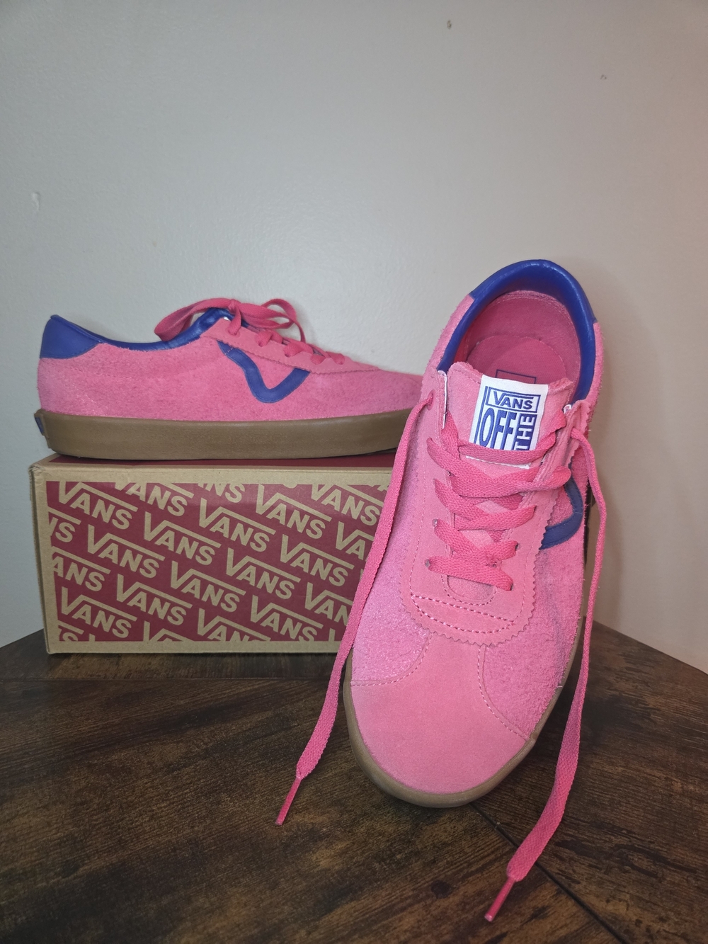 Vans Pink Suede Sneakers with Blue Accents and Gum Sole